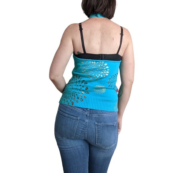 Vintage y2k Teal Gold Knit Halter Top - Picture 5 of 7
